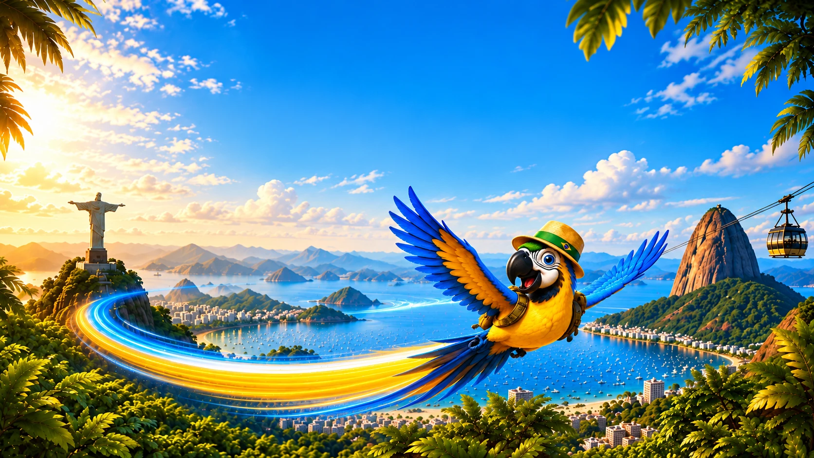 Daz, mascotte Rio Aventures, survolant Rio entre le Christ Rédempteur et le Pain de Sucre